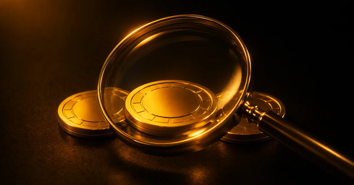 A magnifying lens inspecting amber coins, evoking independent scrutiny of bonus value