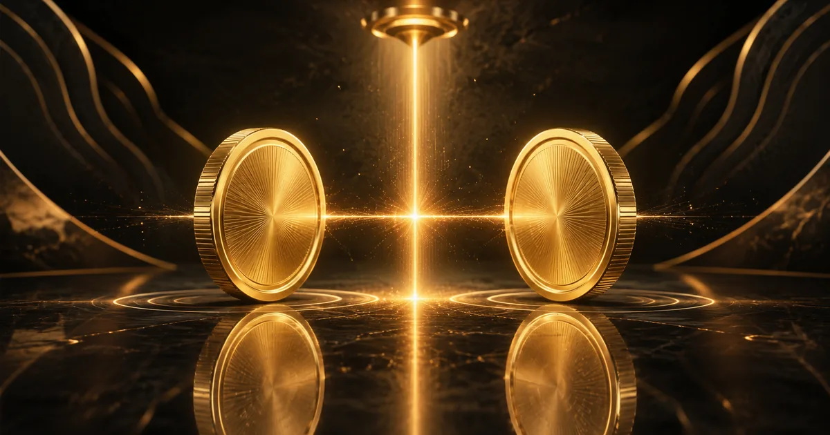 One gold coin mirrored into a matching pair by a beam of light, evoking a deposit match