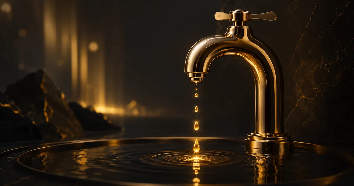 A glowing tap dripping tiny golden droplets, evoking a crypto faucet's small trickle