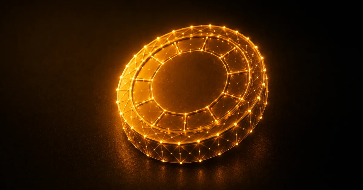 An amber coin formed from a glowing blockchain network mesh, evoking MetaWin’s on-chain play