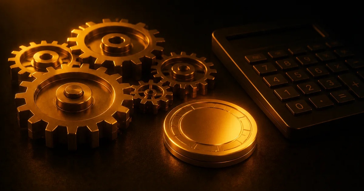 Amber gears beside a coin and a faint calculator grid, evoking a precise bonus-EV method