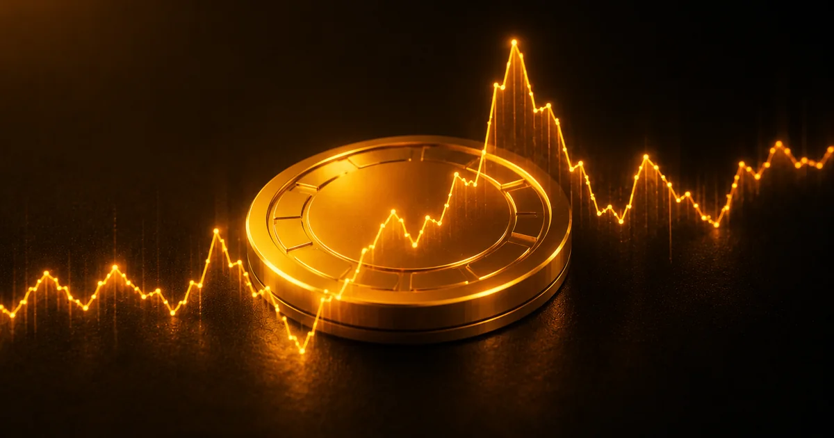 An amber token over a volatile glowing price chart, evoking Rollbit’s RLB token rewards and price risk