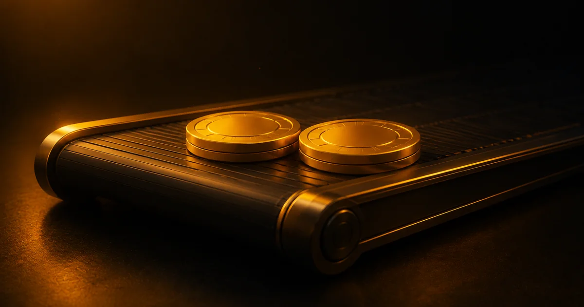 Two matched amber coins on a dark treadmill belt, evoking Shuffle’s bonus wagering grind