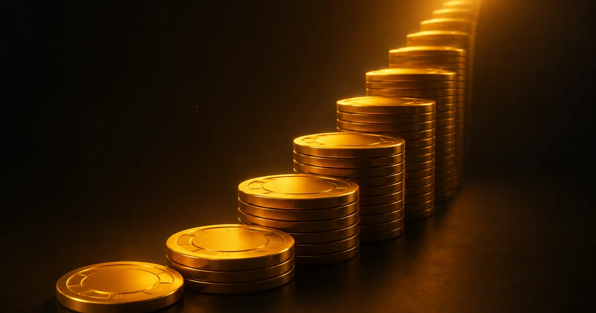 An ascending staircase of stacked amber coins, evoking Stake’s VIP loyalty tiers