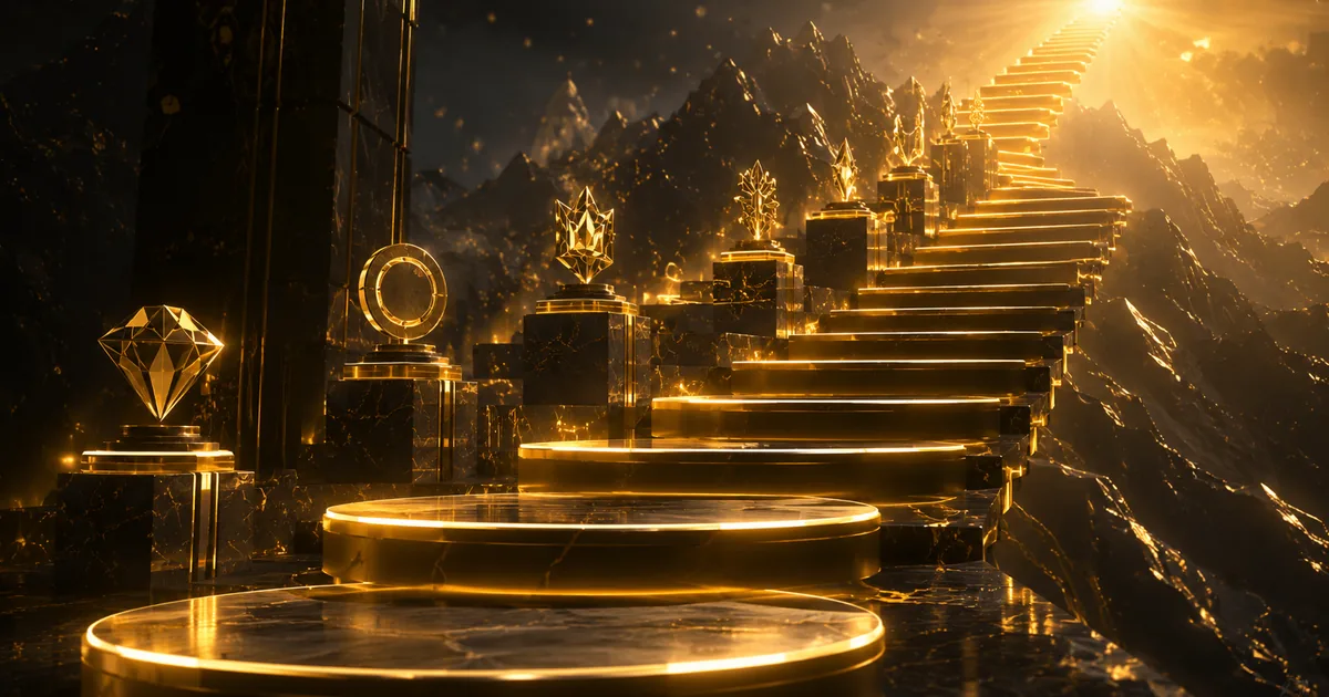 A long golden staircase climbing into light, evoking the VIP-tier grind